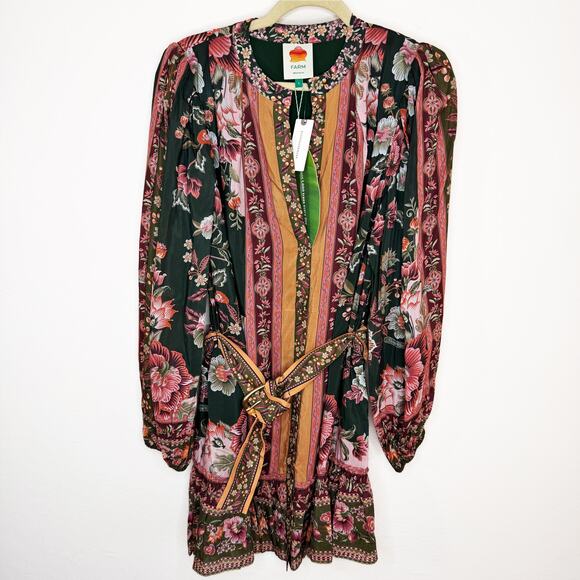 NWT Anthropologie Farm Rio Flowering Garden Tree Belted Puff Sleeve Mini Dress L - Picture 3 of 16